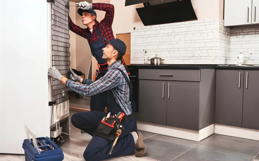 Two professional technicians finalizing refrigerator repair work in Concho Valley